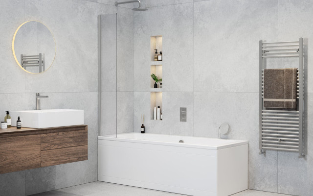 Modern Bathroom Suite Featuring Sleek Bath and Stylish Accessories