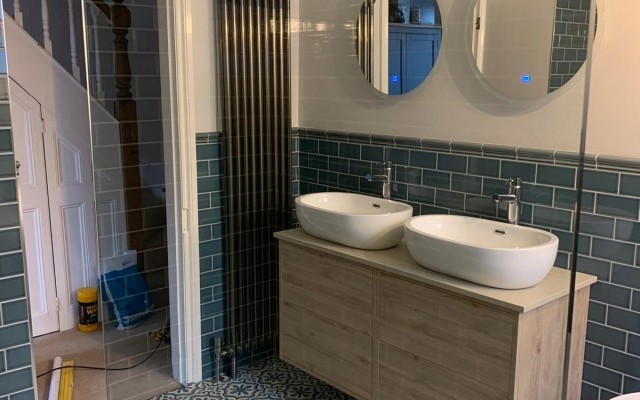 Brick Peers Bathroom Image 1 - Harmony Ceramic Wall-Hung Double Basin Vanity Unit & Two Round LED Mirrors
