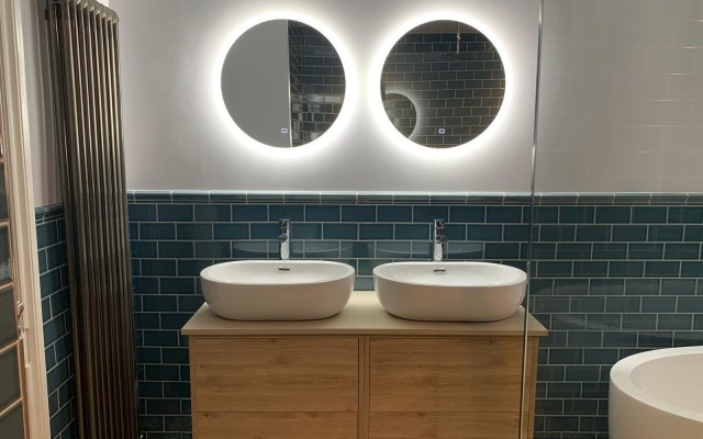 Brick Peers Bathroom Image 5 - Harmony Ceramic Wall-Hung Double Basin Vanity Unit & Two Round LED Mirrors