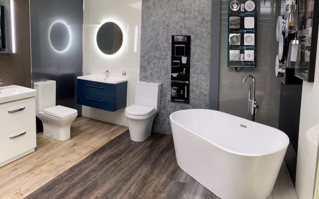 08 - Premier PHS - Wells, Somerset - Bathroom Showroom - Freestanding Bath, Toilets, Wall-Hung Vanity Unit & Round LED Mirror